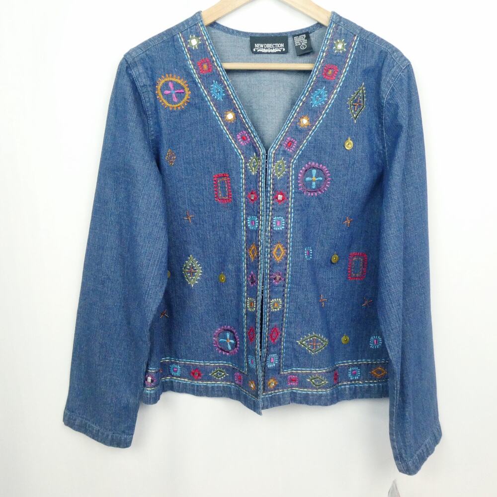 Vintage New Direction Southwestern Embroidered Jacket Sz L Blue Denim Beaded NOS